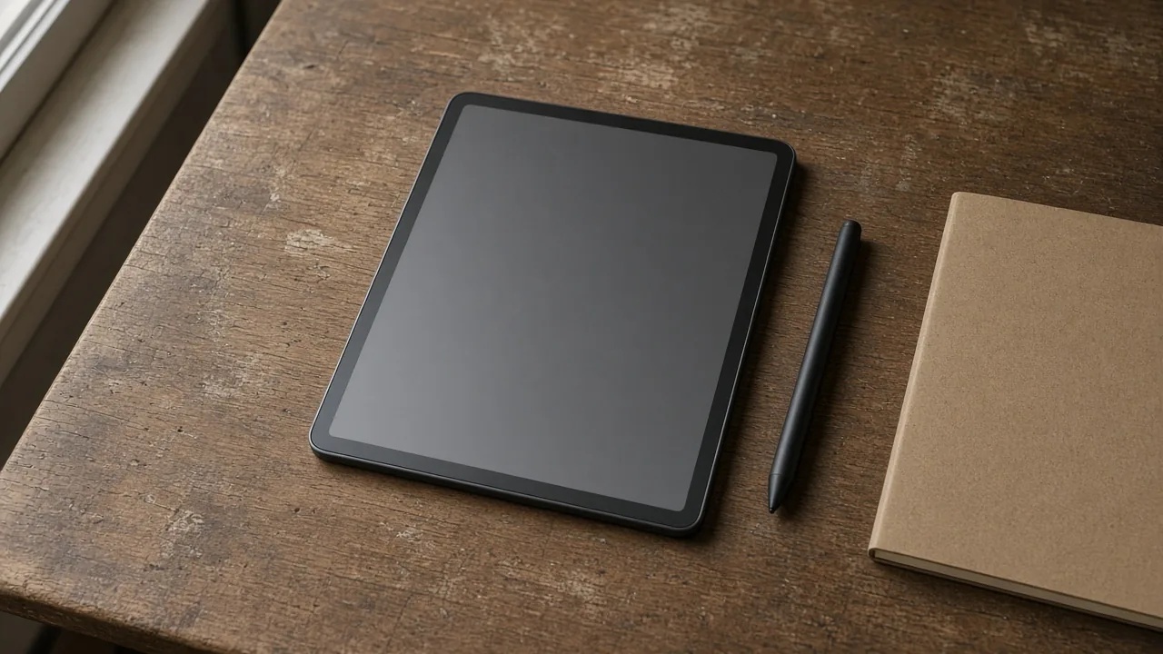 An unbranded tablet with a blank screen, a black stylus, and a closed notebook on a wooden desk