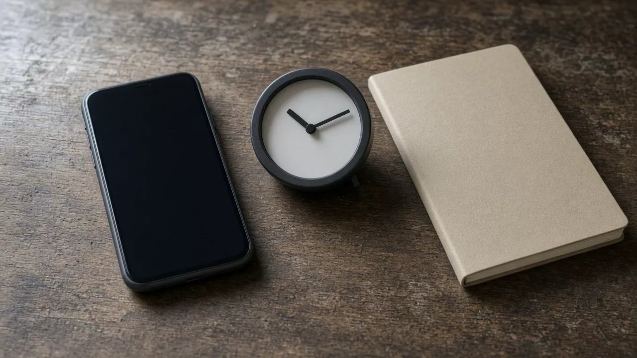 A phone with a dark screen beside a round clock with no numerals and a closed notebook on a wooden desk