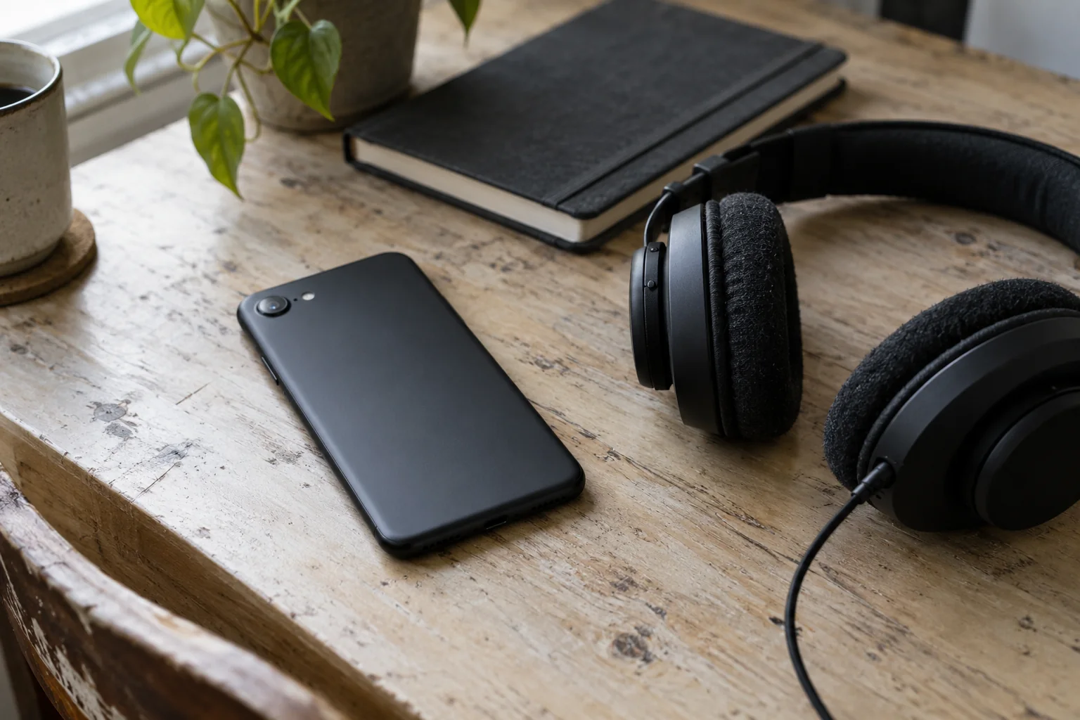 A black phone face down beside wired headphones and a closed notebook on a wooden desk