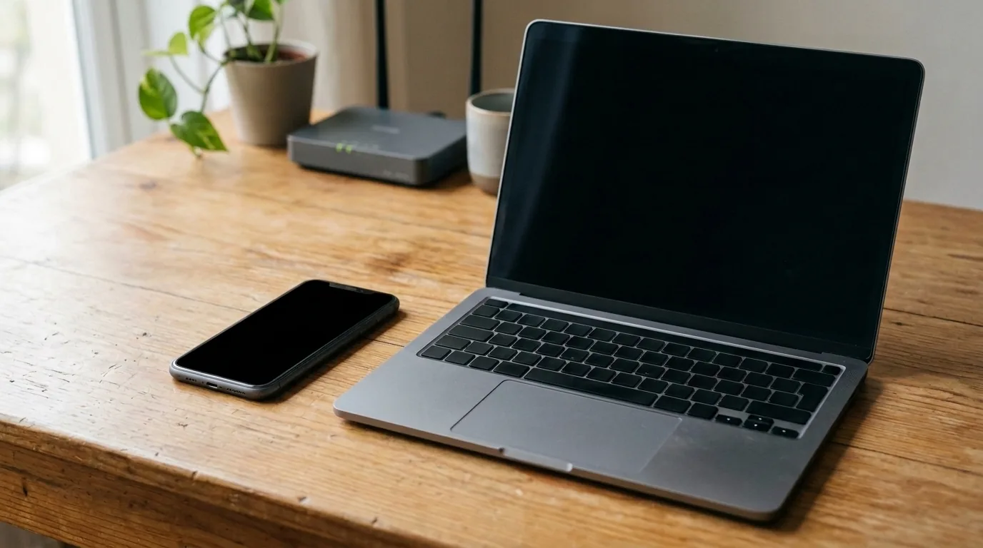 Phone beside an open laptop and a home router on a wooden desk