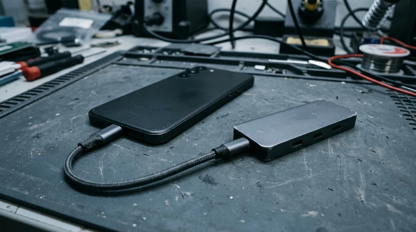 A matte-black smartphone face down on an anti-static workbench mat connected via a braided USB-C cable to an aluminum USB-C hub