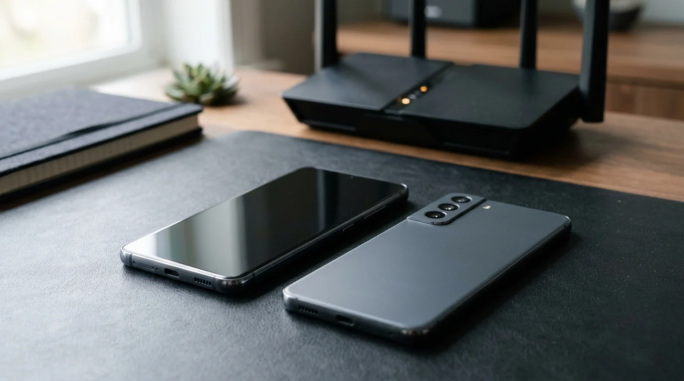 Two dark Android phones beside a multi-antenna router on a wood desk with a black mat